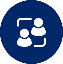Two stylized figures in a blue circle.